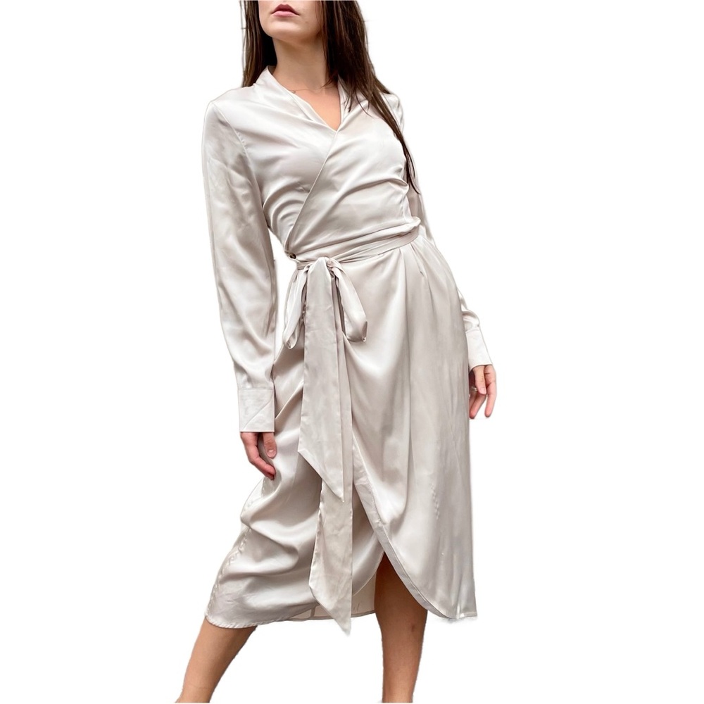 Never Fully Dressed by ASOS Champagne Satin Midi Wrap Shirt Dress Size 8